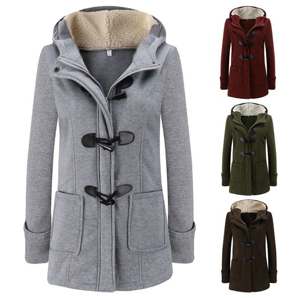 

winter plus size s-5xl women warm long sleeve pullover blouse hooded jackets coat long outerwear horn button outcoat, Black