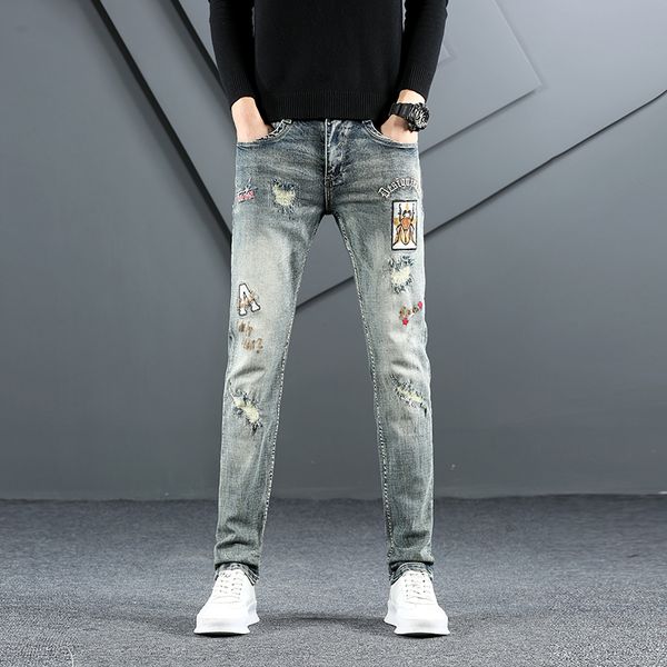 

european american style cotton distressed letter print jeans casual retro ripped jeans men stretch slim denim, Blue
