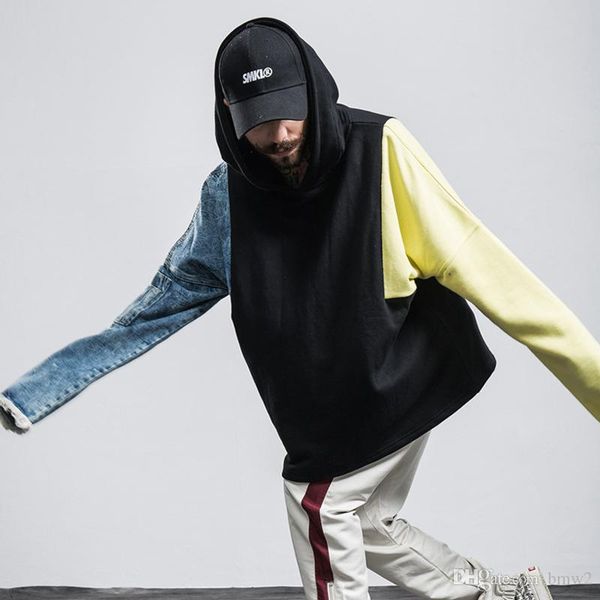 

denim sleeve patchwork men hoodies pgone hip hop clothing new design warm hoody jacket sweatshirt sweat, Black