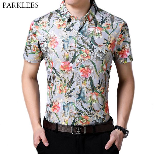 

floral bronzing print men shirt casual slim fit mens summer shirts button up shirt men soft smooth chemise homme camisas hombre, White;black