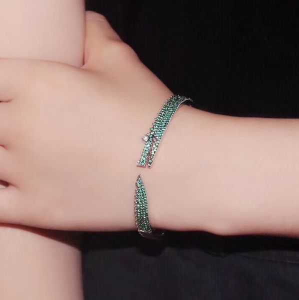 

brand fashion 925 sterling silver crocodile cuff bangle green full of zircons animal adjustable opening bracelet women jewelry, Black