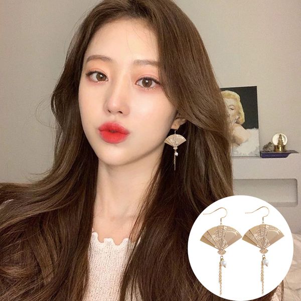 

elegant women girls dangle earrings handmade foldable chinese fans hook earrings with tassle pearl ear drops j55, Silver