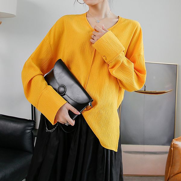 

2020 spring fashion solid color plus size womens blouses casual new o-neck slit all match loose female shirts, White