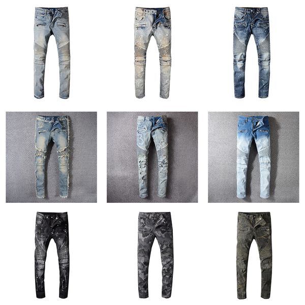 

мужская 2020 роскошная дизайнерская одежда мужская мода бренд печати рваные отверстия узкие джинсовые брюки проблемные байкер хип-хоп бегуны, Blue
