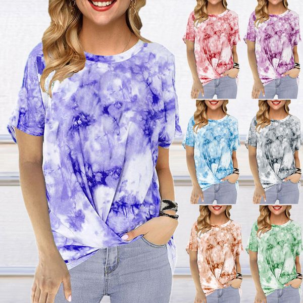 

europe and the united states cross-border ladies round collar loose tie dye printing kink t-shirts with short sleeves, White