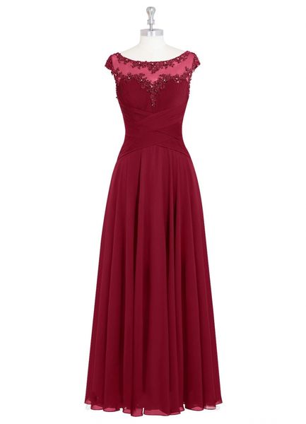 Abito per la madre della sposa in chiffon rosso scuro, scollo rotondo profondo, lunghezza del pavimento, abito da ospite, maniche corte, top in pizzo, abiti da festa per lo sposo