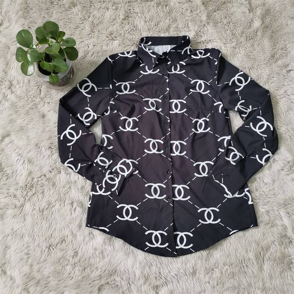 

fashion women lapel printed long sleeve shirts spring and autumn ladies single breasted blouse designer brand loose type blouses 9077, White