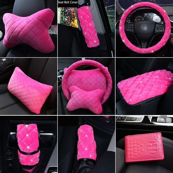 

women car interior accessories pink steering wheel cover neck rest pillow seatbelt cover shifter hand brake sets