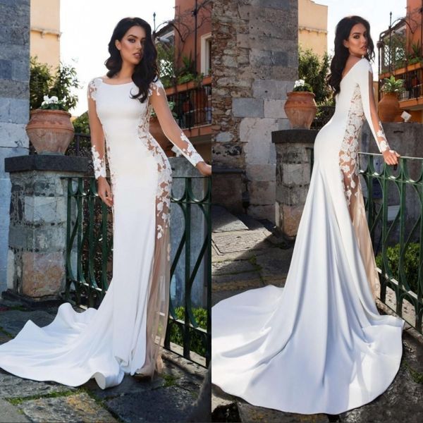 

2019 vintage summer mermaid wedding dresses scoop neck long sleeves bridal gowns sweep train custom made, White