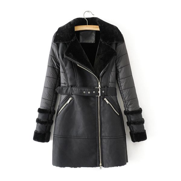 

winter women pu black 2019 fashion coat ladies leather sashes zippers turn down collar long female patchwork warm chic coats