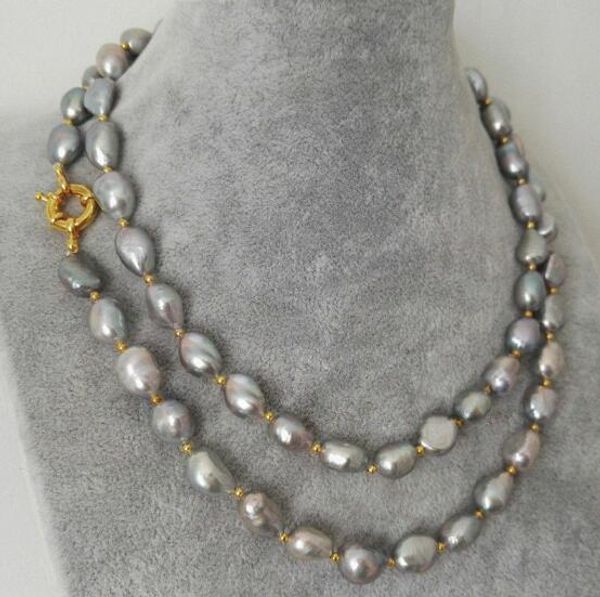 

10mm gray baroque freshwater pearl gold beads mixed necklace woman jewelry 40cm 200cm 17'' 78, Golden;silver