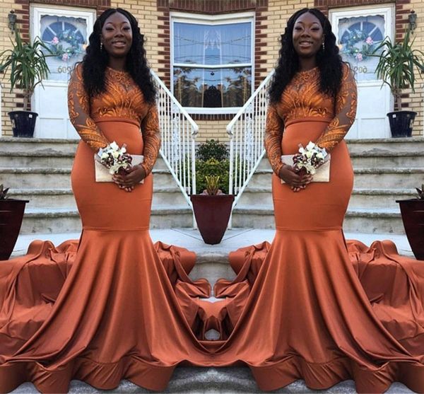 

2019 gorgeous long sleeves mermaid prom dresses elegant black girls party dress jewel neck appliques evening gown south african bc0985