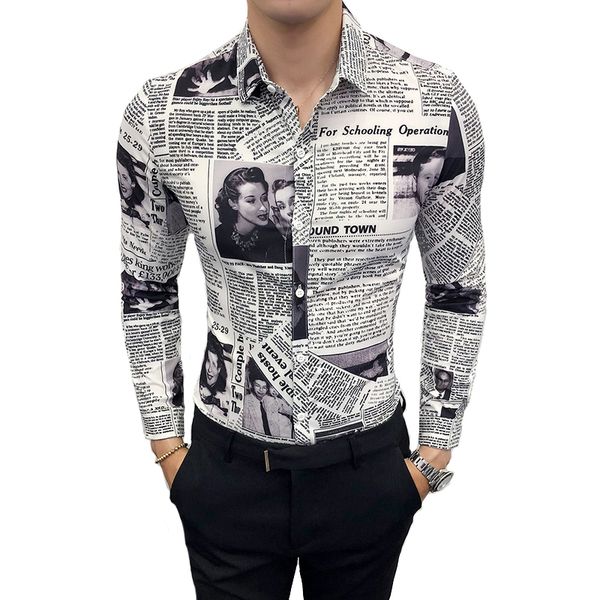 Camicia con stampa di giornale 2019 Camicia con motivo 3D stilista Camicia a maniche lunghe da uomo sociale slim di grandi dimensioni M-5XL