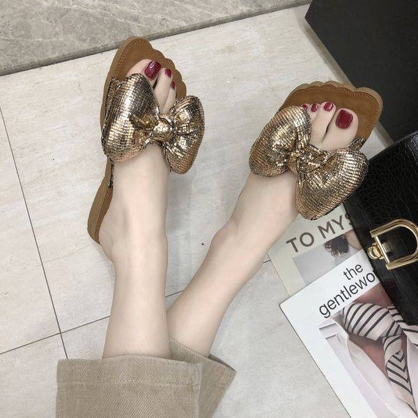 

2019 new style summer flat online celebrity slippers versitile fashion anti-slip sandals beach bow slipper outer wear, Black