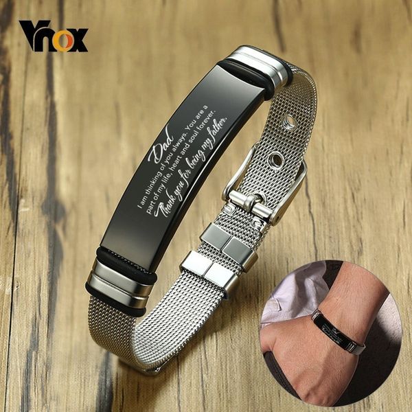 

vnox adjustable length to dad bracelets for men mesh watch band with soft silicone gasket stainless steel pulseira custom gift, White