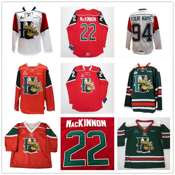 

custom qmjhl halifax mooseheads 2009 pres 22 nathan mackinnon hockey jersey home red stitched logos embroidered customized, Black;red