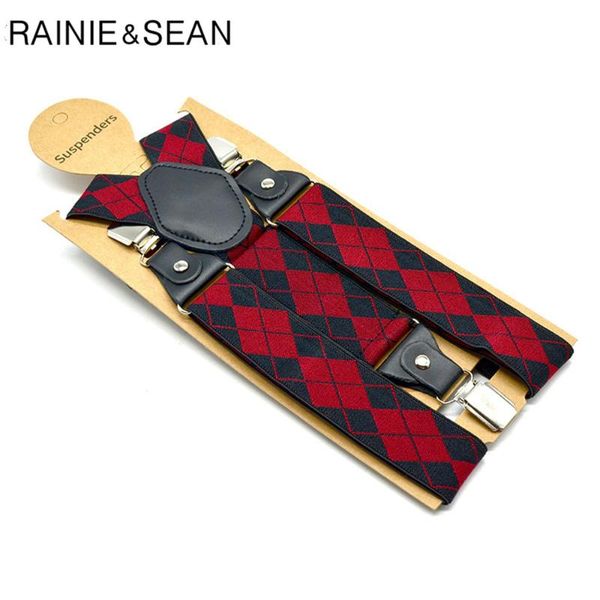 

rainie sean red plaid mens suspenders braces british style adjustable y back suspender belt 3 clips with leather male braces, Black;white