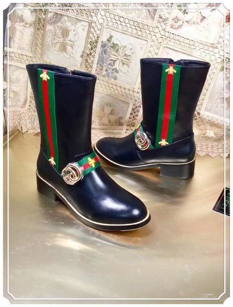 

2019 letter ribbon metal buckle low heel short boots genuine cowhide leather fashion woman embroidery bee boots with box, Black