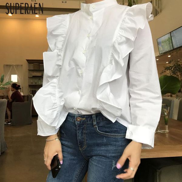 

superaen stand collar single breasted women shirts cotton wild fashion ladiess blouses and solid color spring new 2020, White