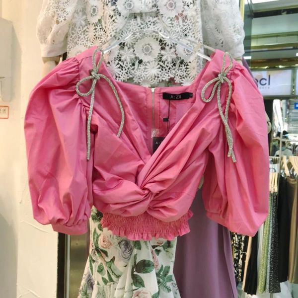 

short shirt female 2020 summer french simple super fashion crystal bow v-neck puff sleeve blouse ladies blusas mujer, White