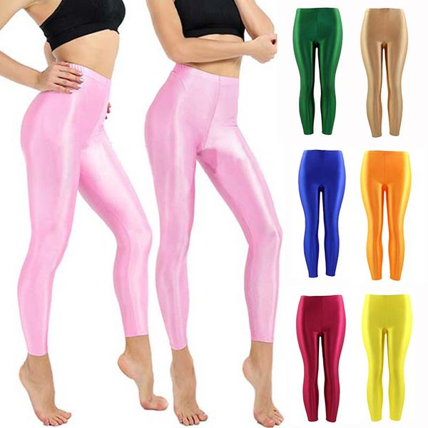 

new women solid fluorescent shiny leggings large size spandex shinny elasticity casual trousers sport leggings for girl, Black