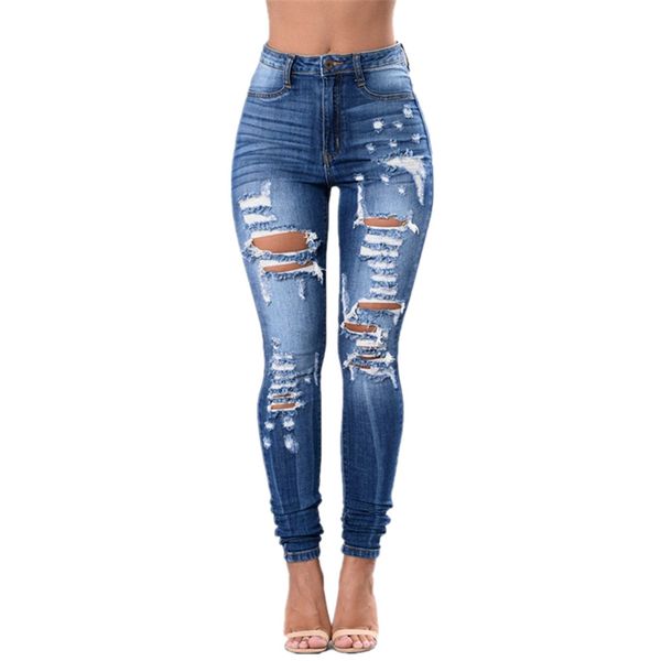 

2020 new blue jeans pencil pants women high waist slim hole ripped denim jeans casual stretch skinny trousers jeans#g30