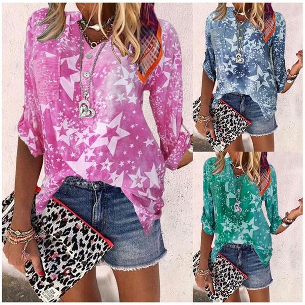 

women ladies casual long sleeve chic star printed v neck t-shirt solid color loose oversized blouse top, White