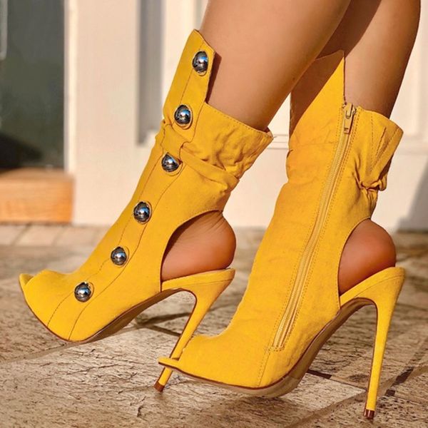 Botas chegadas amarelo tornozelo decoração de metal stiletto salto bootie peep toe toe oco vestido vestido mulheres mulheres