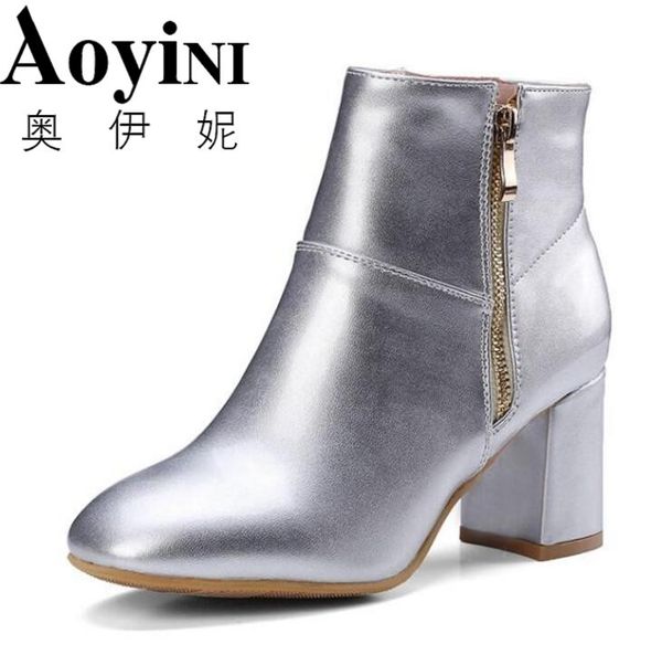 

2017 winter warm ankle boots women square toe shoes zip on solid pu silver gold ankle boots shoes size 34-42, Black