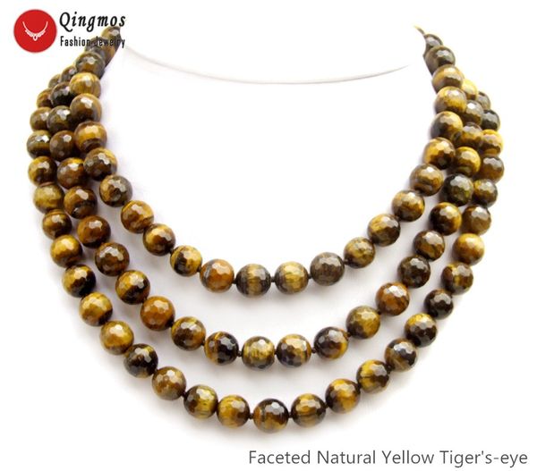 

qingmos natural tiger's-eye necklace for women with 3 strands 10mm yellow round faceted tiger's-eye stone necklace jewelry n6509, Golden;silver