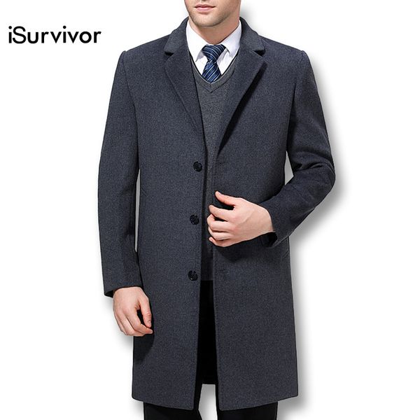 

isurvivor 2019 men spring wool jackets blends smart casual overcoats male casual fashion slim fitted single breasted jakcets men, Black