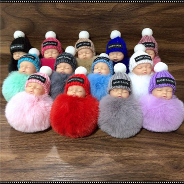 

cute sleeping baby doll keychain pompom rabbit fur ball carabiner key chain keyring women kids key holder bag pendant key ring zza1620