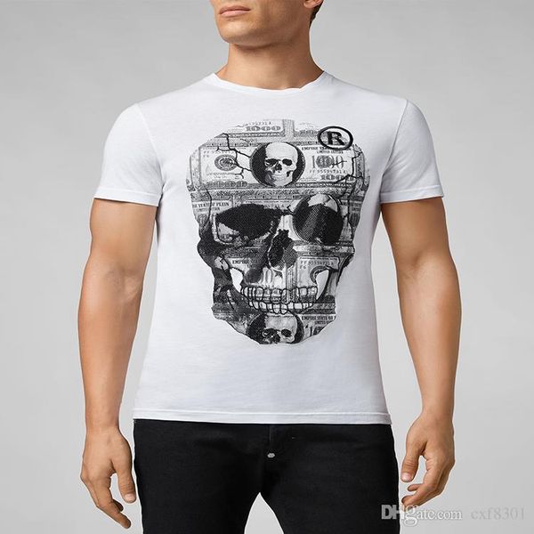 

skulls t shirt mens 100% cotton p brand short sleeve hip hop tee print luxury clothing punk crystal designer t-shirt m-3xl, White;black