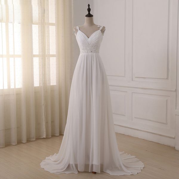 

white spaghetti chiffon wedding dresses illusion bodice a line simple wedding dresses beaded affordable wedding dresses with lace appliques
