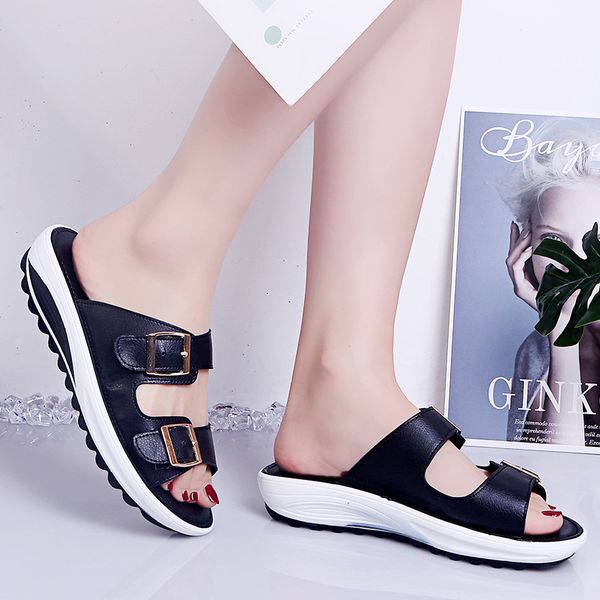 

women's summer beach soft bottom slippers double buckle non-slip slides woman flip flops ladies sandals home shoes size 35-43, Black