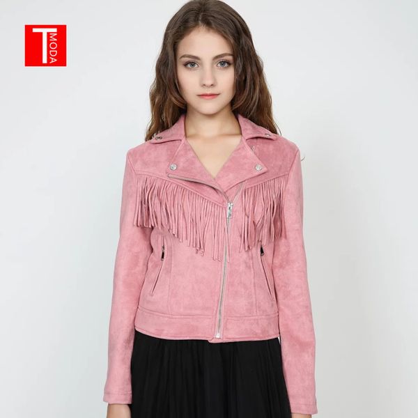 

2018 spring autumn new women soft suede faux leather jacket lady fall tassel coat biker pink matte zippers outerwear, Black