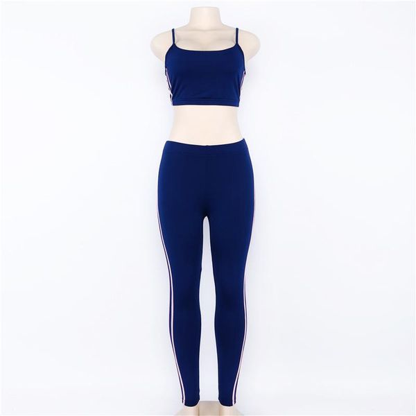 

women tracksuit set high stretch fashion side stripe casual spaghetti strap crop skinny long pants women 2 piece set convention, Gray