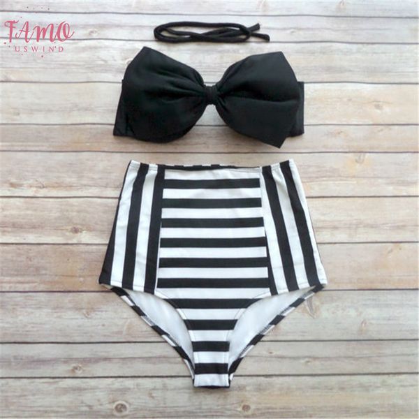 

bowknot printed bikinis women high waisted swimwear beachwear bandeau bottom and bathing suit summer style biquinis, White;black
