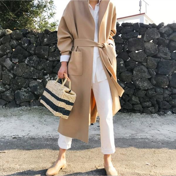 

lace-up waist open windbreaker cardigan jacket suit collar 2019 autumn women's temperament fashion collar long trench coat large, Tan;black
