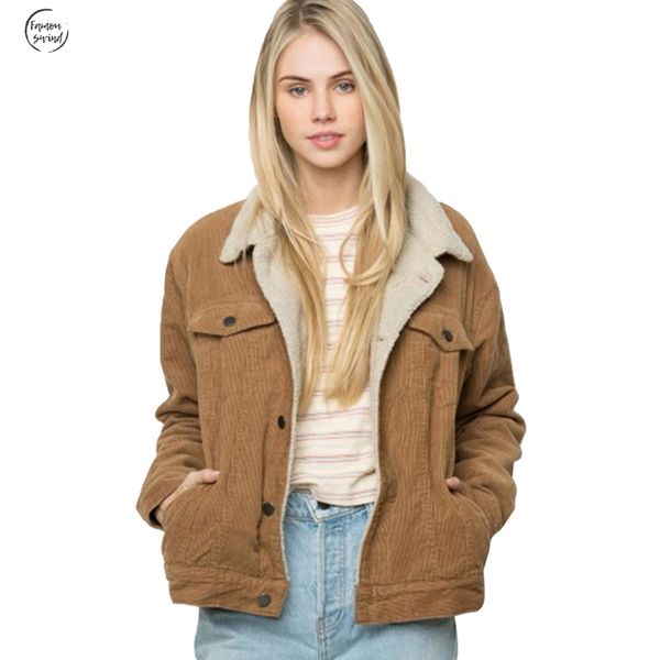 

jacket casual brown corduroy winter long sleeve turn down collar breasted basic women warm coat drop shipping, Black;brown