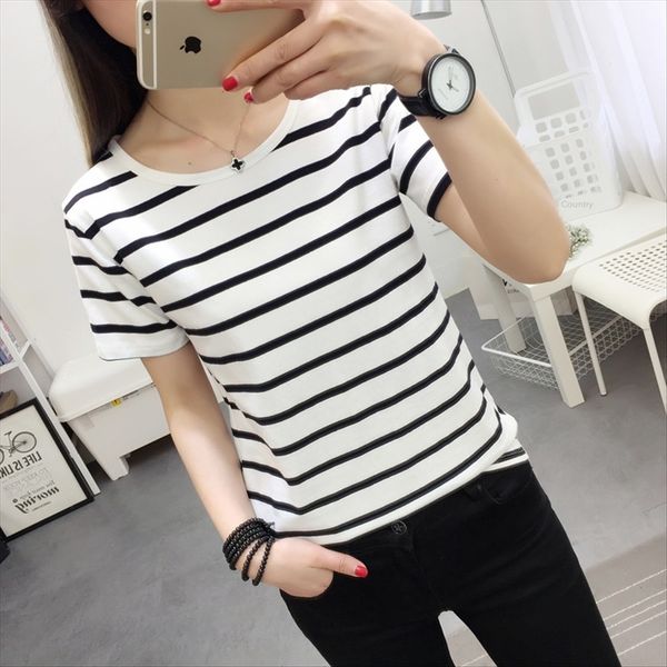 

2020 fashionable korean style t-shirt versatile simple striped round collar loose short-sleeved t-shirt women's fashionable, White