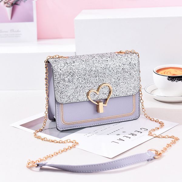 

sequins pu leather female bag with metal love shape lock girls chain messenger shoulder bag small flap purse 5 colors