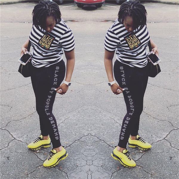 

Black By Popular Women 2pcs Pants Striped Letters Printed Female Two Piece Summer Outfits Casual Womens Apparel