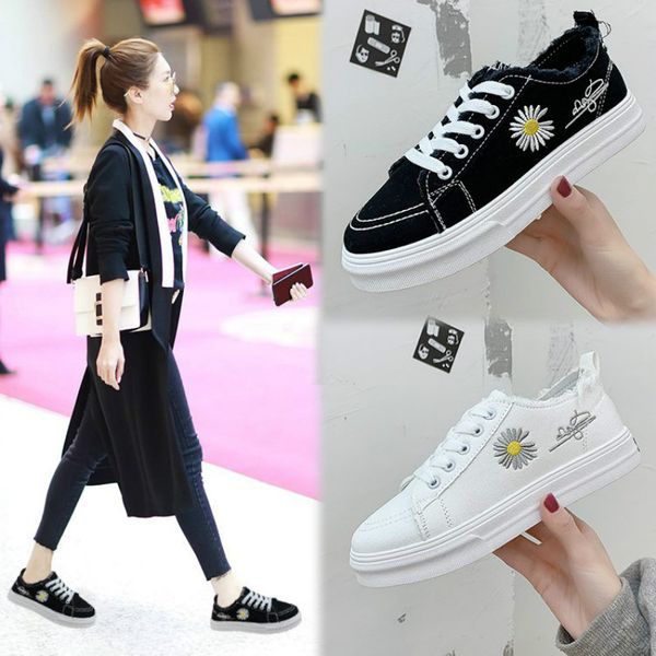 

hkxn fashion women's shoes small daisy canvas shoes 2020 new female korean breathable lightweight flat t02, Black