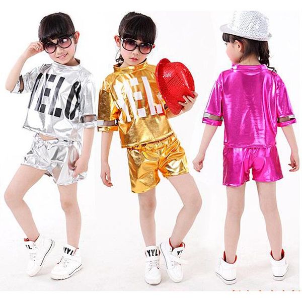 

silver gold children girl boy performance flashing hip hop jazz modern dance suit costume pants, Black;red