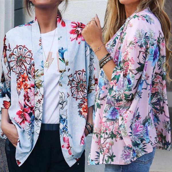 

women casual coat floral loose three quarter sleeve spring jacket ladies outwear femme beach holiday cloches 2color, Black;brown