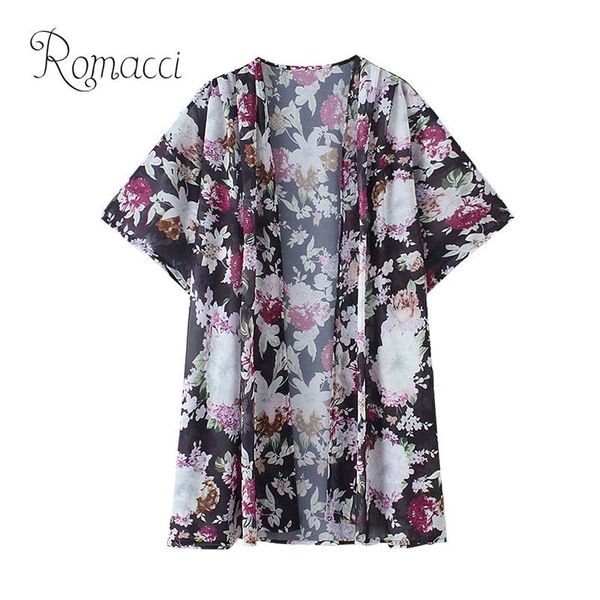 

romacci 2019 summer plus size kimono women chiffon blouse loose cardigan floral print vintage casual outerwear female tunics, White