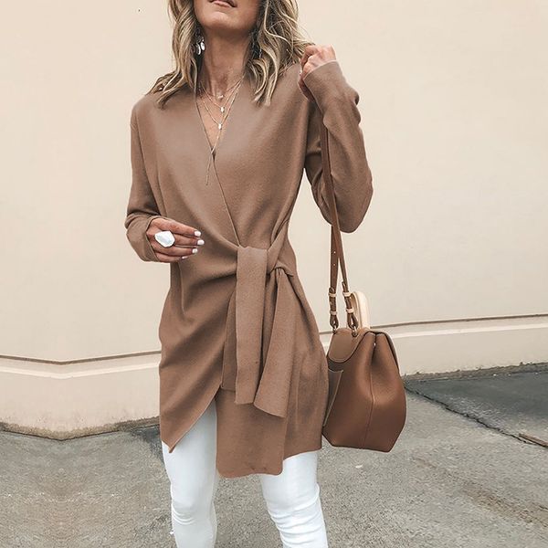 

2019 autumn winter new women's solid color jacket fine wool v-neck belt long sleeve casual coat slim office suit overcoat, Black