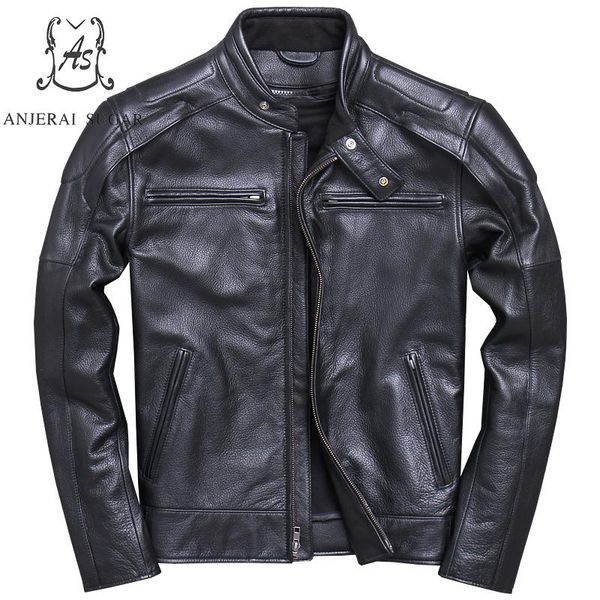 

plus size real genuine cow leather jacket men black 2019 new stand collar zipper s-5xl moto biker motorcycle bomber jackets coat