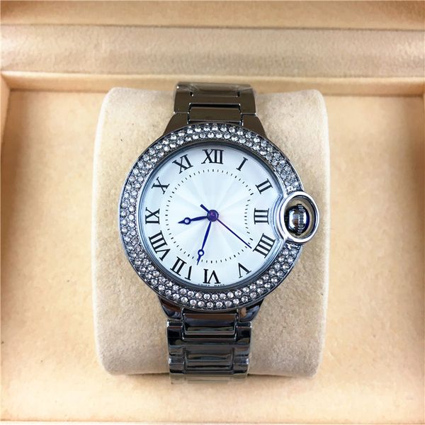 

fashion style women/man watch classic silver case diamonds steel bracelet chain brand lover watch rhinestone box luxury, Slivery;brown